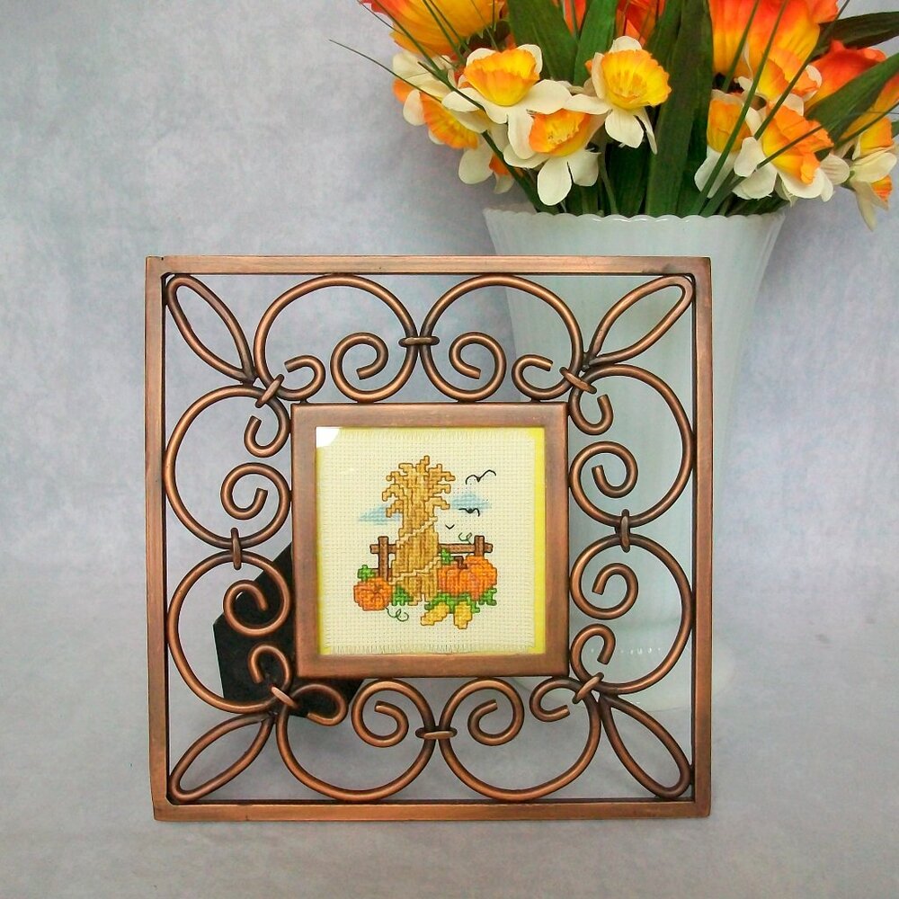 Fall Harvest Corn Stock Pumpkins Cross Stitch Sampler Framed Artwork 7.5" x 7.5"